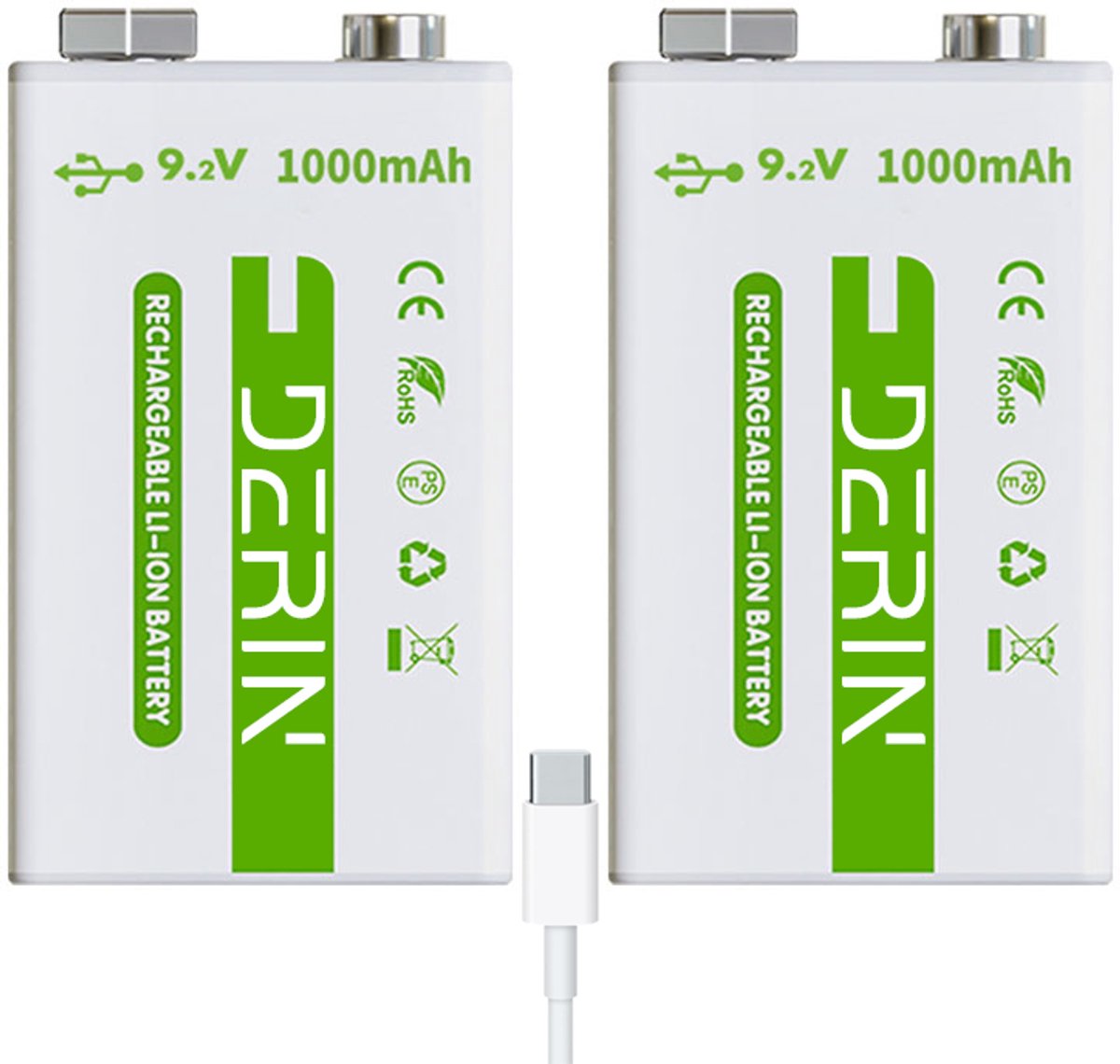 Derin USB-C 9V oplaadbare batterij 2-pack (1000 mAh), Snelladen met Kabel, 1000mAh Li-ion, Voor Rookmelders & Apparaten