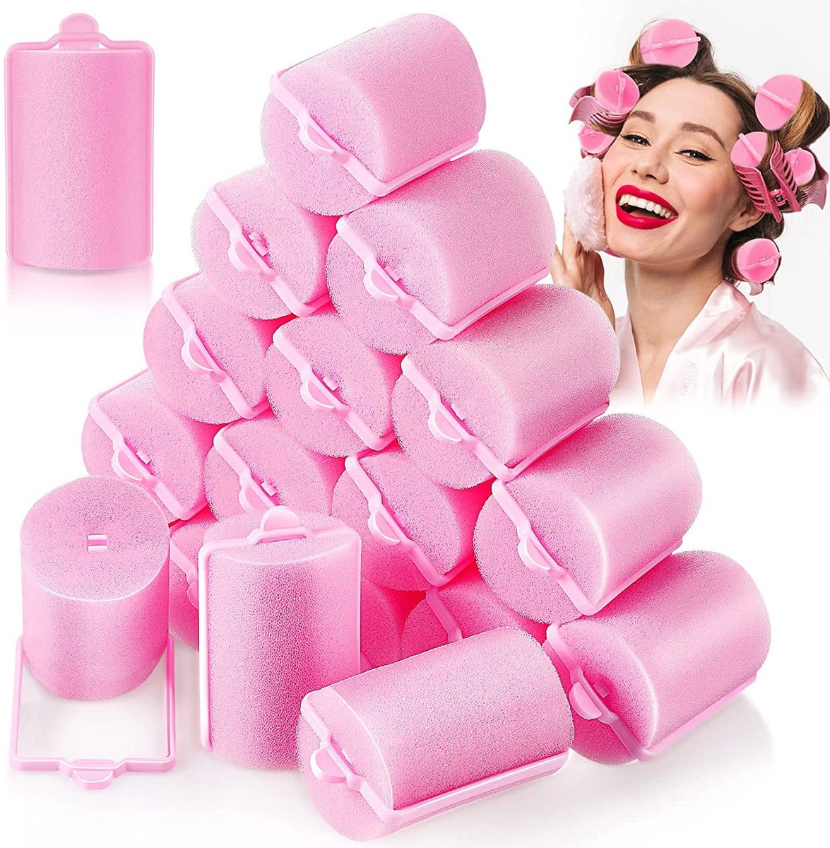 Sponge Curlers - 18 stuks - Schuimkrullers - 1,89 inch - Groot - Sponge Curlers - Hittevrije krultangen - Zachte, dunne krullen - Geen schade aan het haar - Krulsponsstokjes - 4,8 x 7 cm - Roze