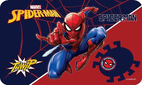 Spiderman en action sur une nappe bleue et rouge avec les logos "TAWIP" et "SPIDER-MAN".