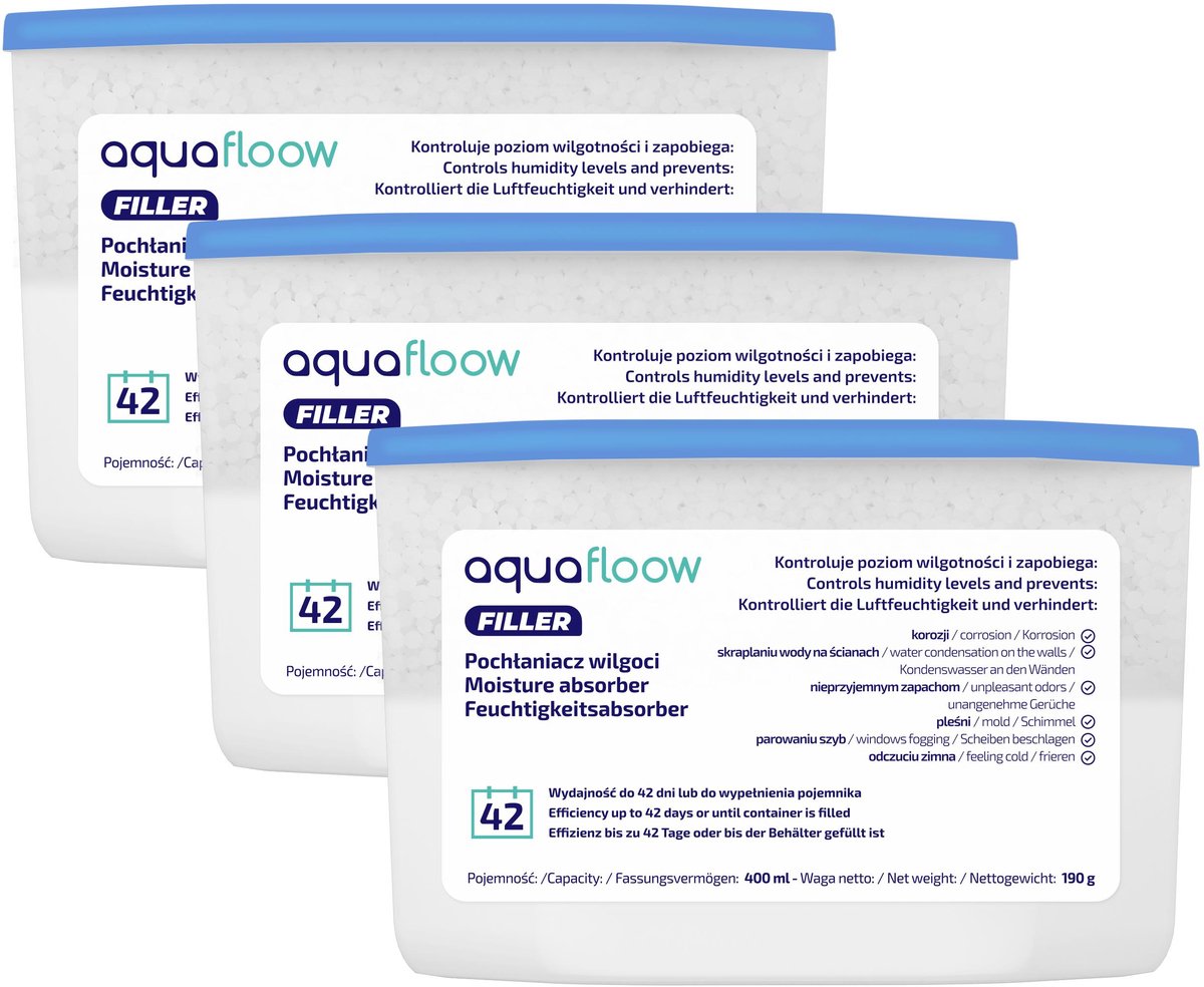 AquaFloow, set 3 vochtabsorbers voor kasten, kleerkasten, keuken, badkamer, luchtontvochti