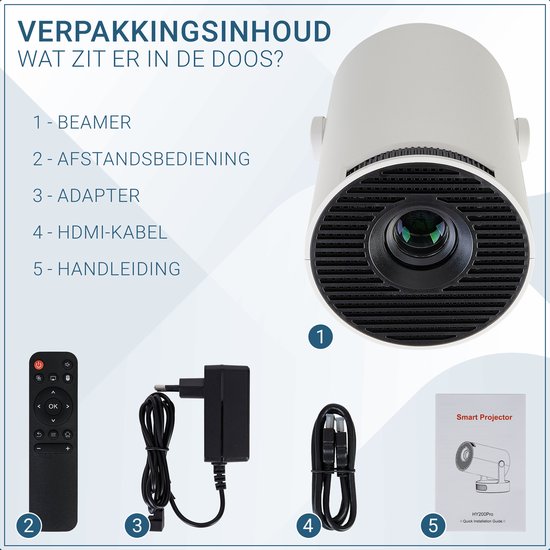 Contenu de la boîte : projecteur, télécommande, adaptateur, câble HDMI et manuel.