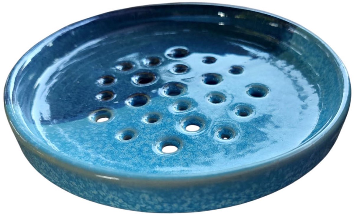 Floz Design uitlekbakje voor de shampoobar - ronde zeephouder - fairtrade aardewerk - blauwe badkameraccessoires - 10 cm