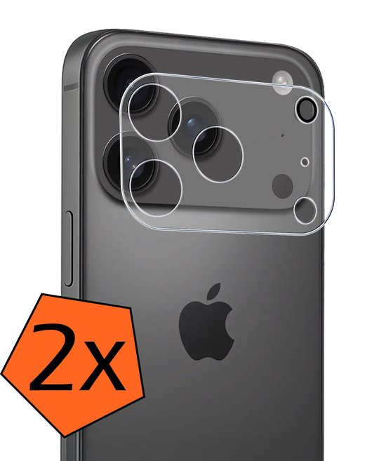 2x doorzichtige cameralensbeschermers op de achterkant van een donkergrijze iPhone 17 Pro.