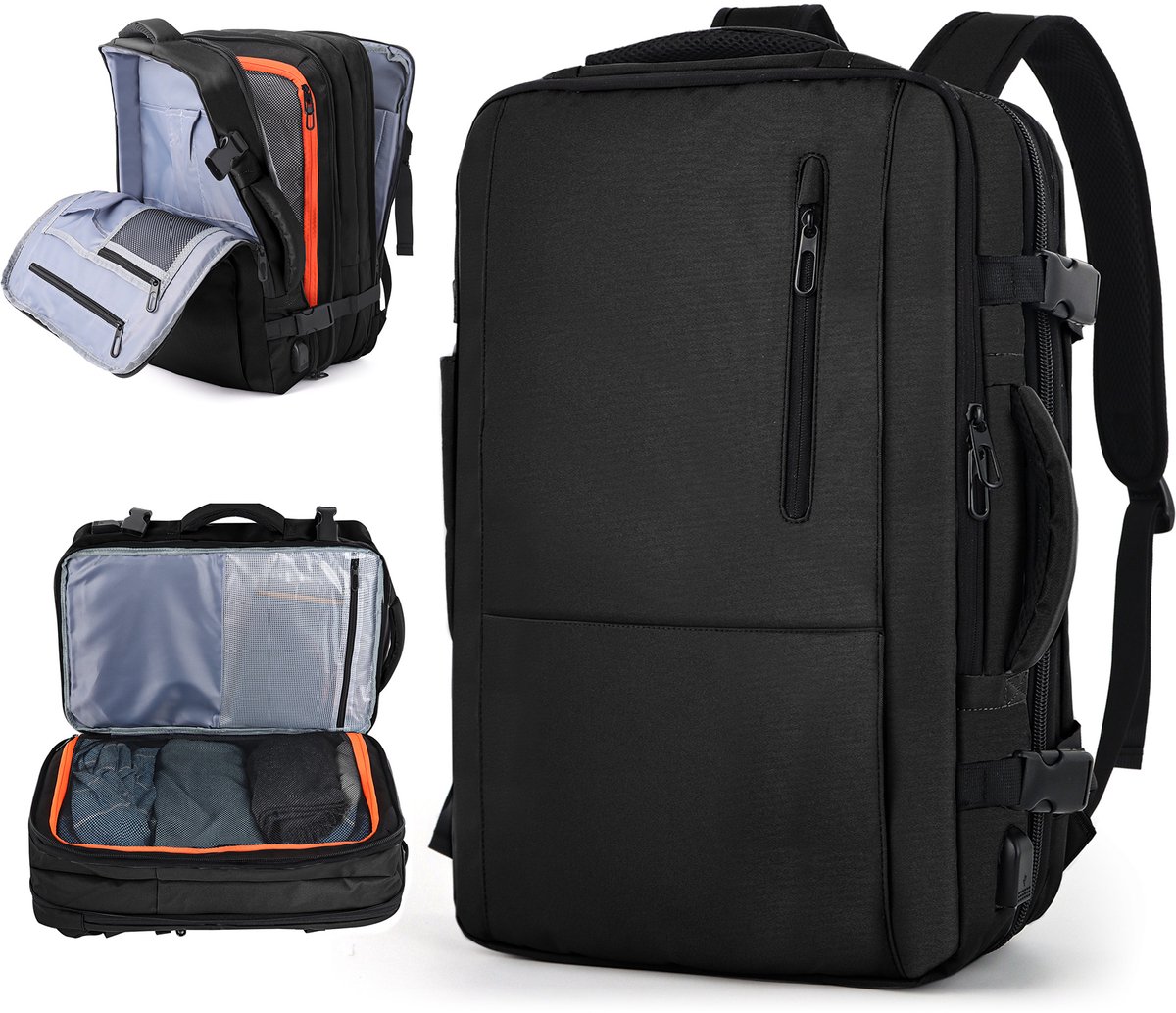 FASSIONA Reistas met USB Oplaadstation - 25L tot 40L - Rugzak - Compressie - Handbagage Weekendtas - Backpack - Laptoptas - Zwart