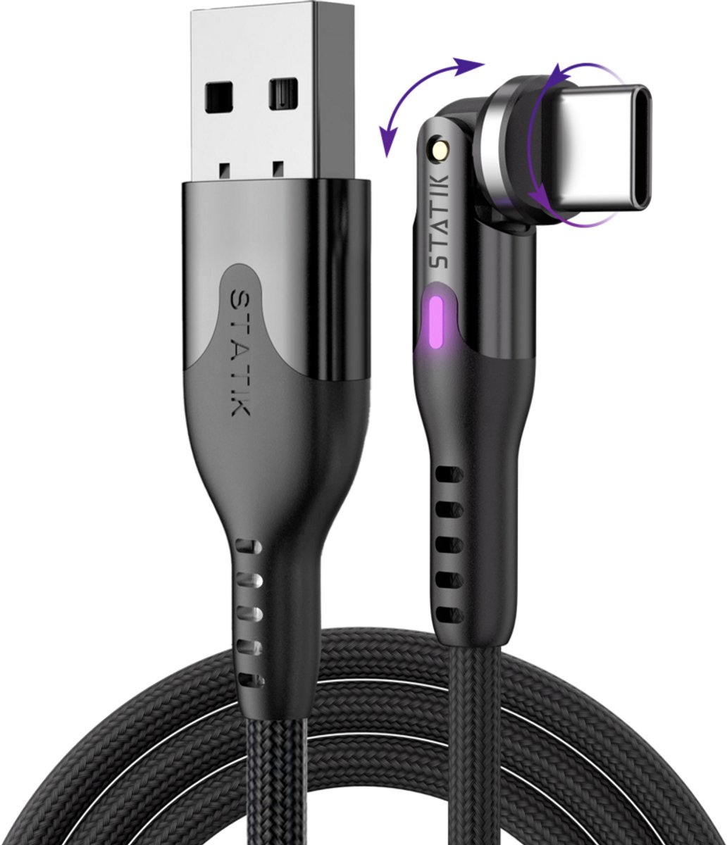Statik PowerPivot verlichte oplaad- en datakabel - 2m - USB-A to USB-C - zwart - gevlochten nylon - 360 graden rotatie - 100W