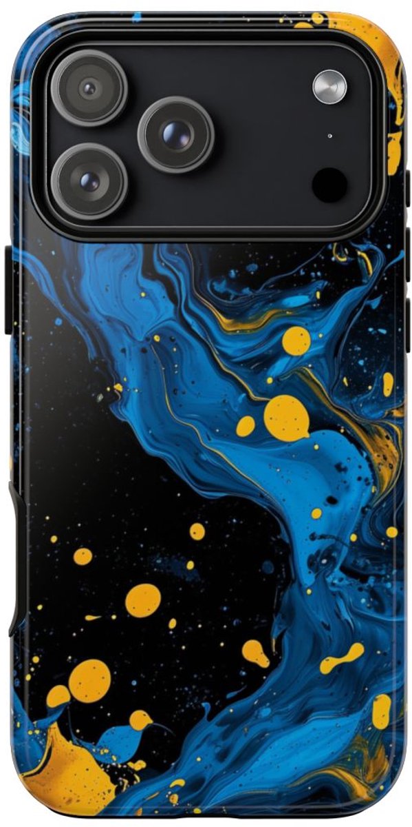 Blauwe en Gele Verfspatten Abstract – Telefoonhoesje Geschikt voor iPhone 17 Pro Max