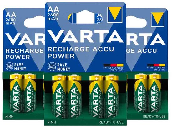 Vier blisters met Varta AA Recharge Accu Power 2600 mAh batterijen.