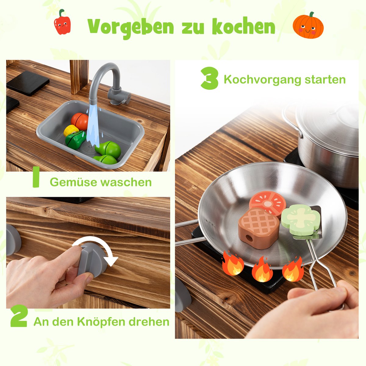 COSTWAY Modderkeuken voor kinderen, outdoor, kinderkeuken, dennenhout met 4 kookpotten, kraan en afneembare spoelbak en kookplaten, outdoorkeuken, speelkeuken met kookaccessoires voor kinderen vanaf 3 — afbeelding 2
