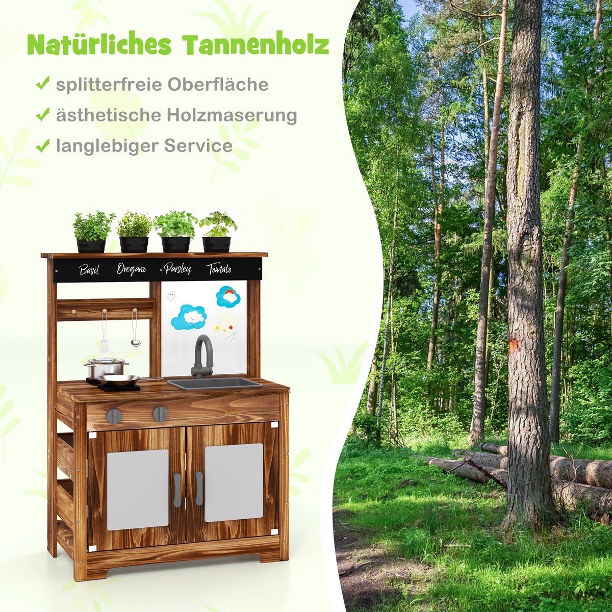 COSTWAY Modderkeuken voor kinderen, outdoor, kinderkeuken, dennenhout met 4 kookpotten, kraan en afneembare spoelbak en kookplaten, outdoorkeuken, speelkeuken met kookaccessoires voor kinderen vanaf 3 — afbeelding 6
