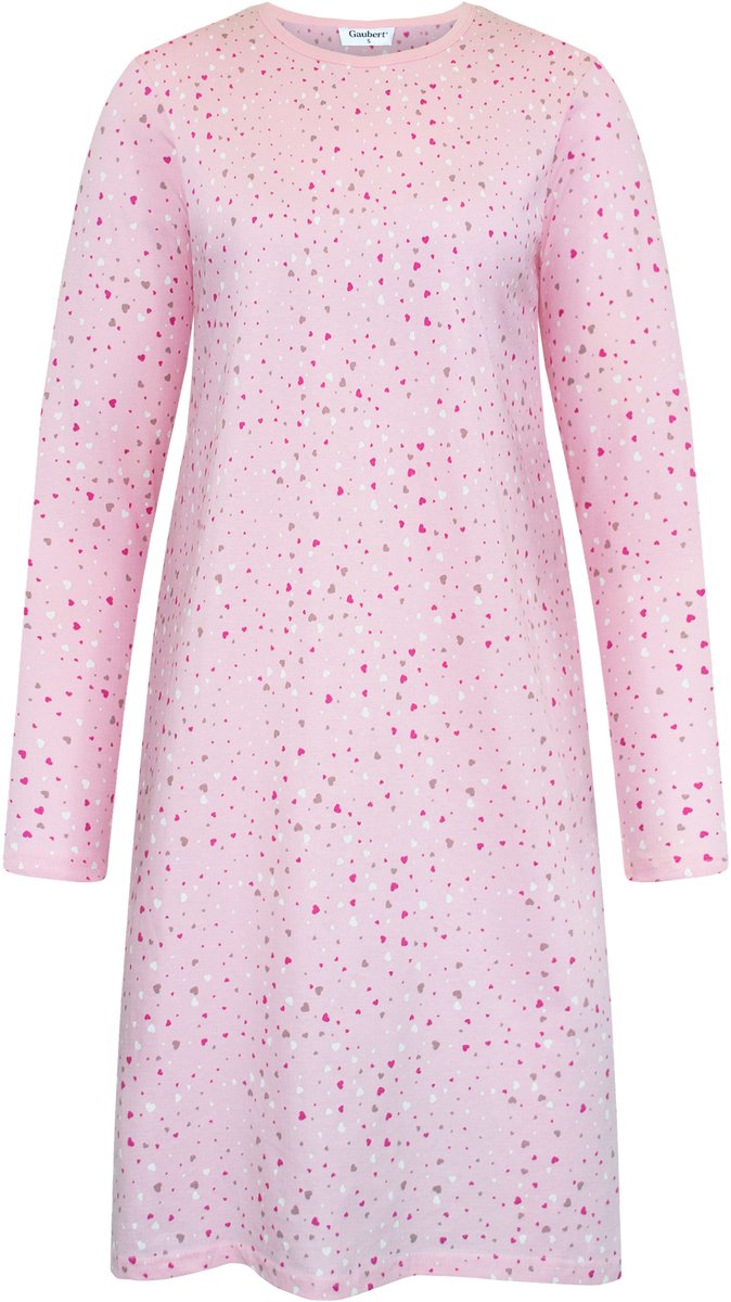 Gaubert Essential Dames Nachthemd Lange Mouw - Premium Gekamd Katoen - All-Over Print Tiny Hearts - Roze - Maat S - GB-6806