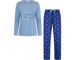 Gaubert Essential Dames Pyjama Lange Mouw - Broek met Zakken - Premium Gekamd Katoen - Coffee Break - Baby Blauw - Maat S - GB-2804