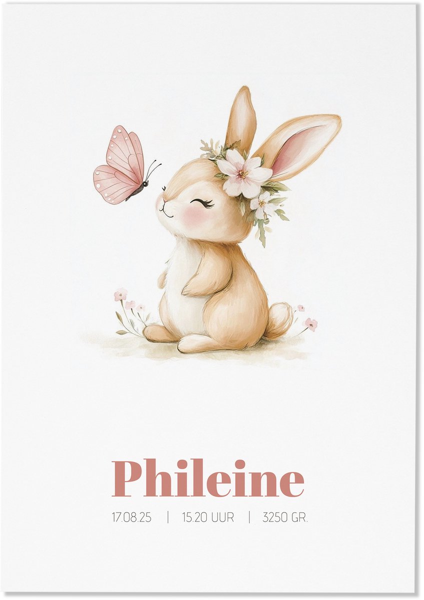 My Little Buddha - Kraamcadeau - Geboorteposter Konijn met vlinder - Meisjes
