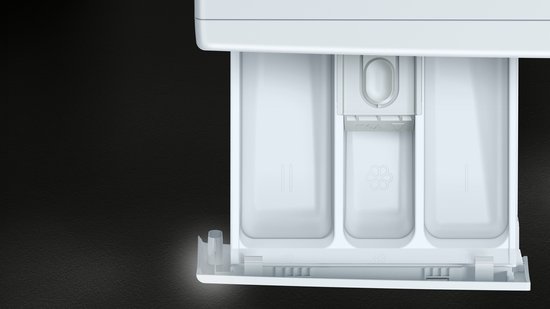 Uittrekbare lade voor wasmiddel met drie compartimenten, merk Siemens.