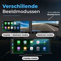 Verschillende beeldmodi: scherm toont links Carplay met dashcam, rechts dashcam en onderaan Carplay.