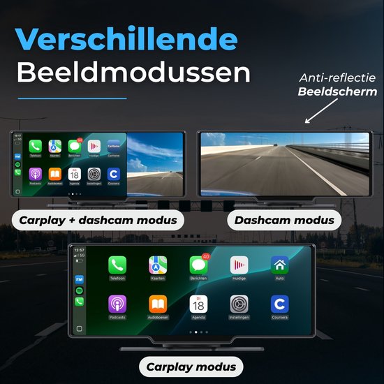 Verschillende beeldmodi: scherm toont links Carplay met dashcam, rechts dashcam en onderaan Carplay.
