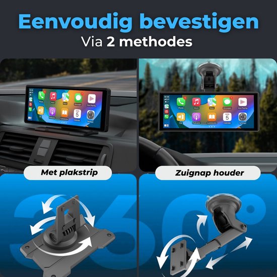 Eenvoudig bevestigen: navigatiescherm met plakstrip en zuignaphouder, beide 360° draaibaar.