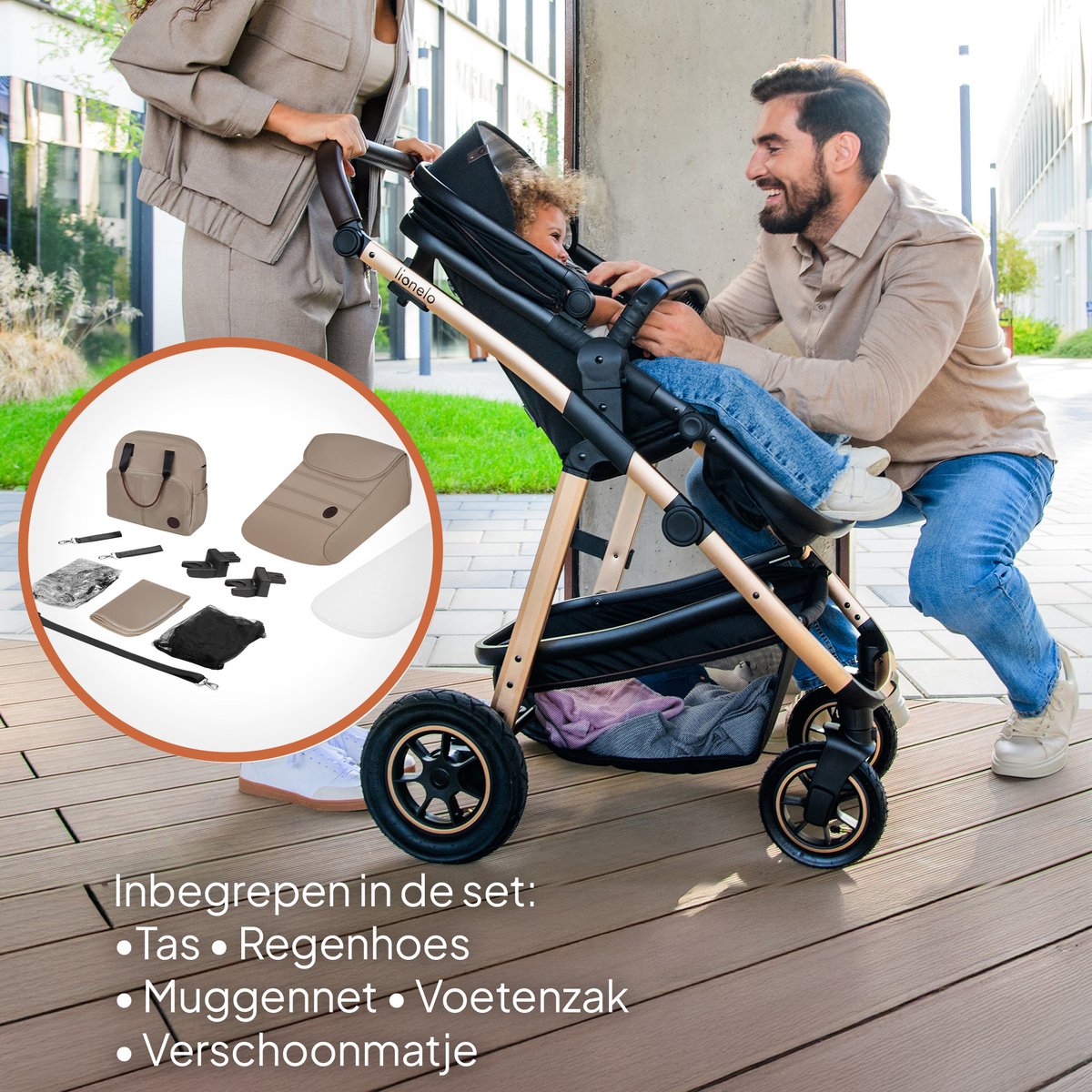 Lionelo Amber Kinderwagen 3 in 1 - Reiswieg + Buggy + Autostoel - Luchtbanden, Volledige Vering - Comfortabel baby matras - Snel Inklapbaar - Luiertas - Regenhoes - Muskietennet - Vanaf Geboorte tot 4 jaar (0-22 kg) – foto 6
