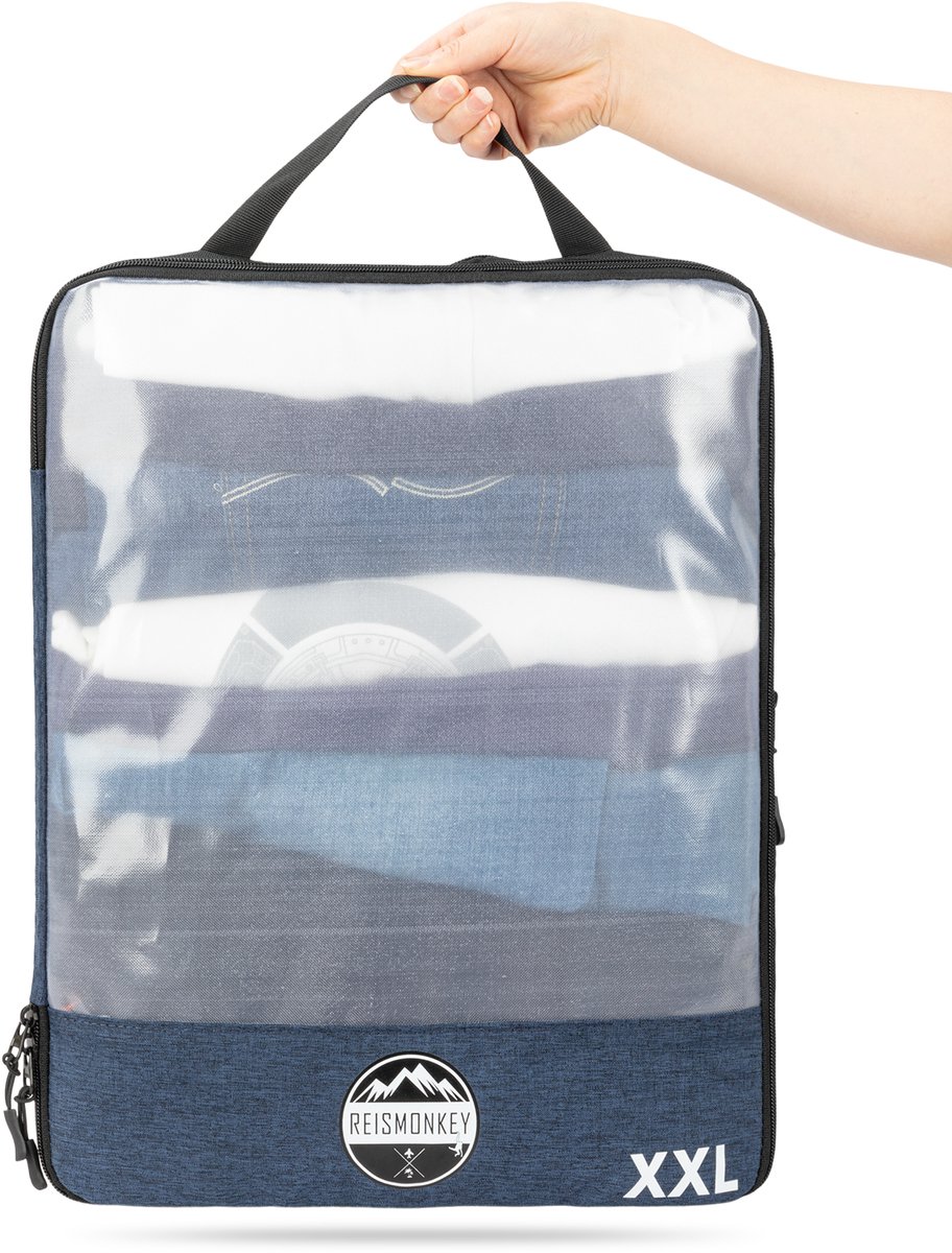 Reismonkey Packing cube XXL compressie - Donkerblauw transparant - Waterdicht - met compressierits - Backpack en koffer organizer