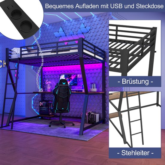 Lit mezzanine 140x200cm - avec éclairage LED- support console ordinateur - bureau - connexion USB - sans matelas - noir