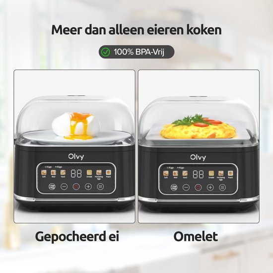 Zwart Olvy eierkoker met gepocheerd ei aan de linkerkant en omelet aan de rechterkant.
