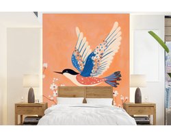 Behang - Fotobehang Vogel - Bloesemtakken - Warm - Kleurrijk - Breedte 165 cm x hoogte 220 cm