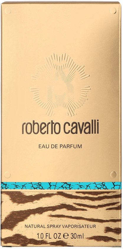 Gouden doos voor Roberto Cavalli Eau de Parfum met tijgerprint en turkoois accent.
