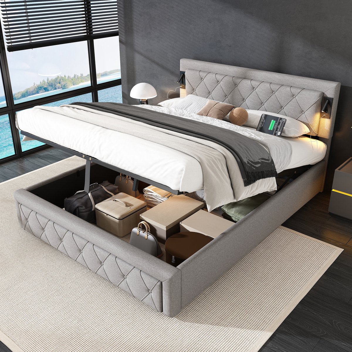 Merax Gestoffeerd bed 160x200 cm met downlight en USB-poort met opbergruimte - tweepersoonsbed - grijs - zonder matras