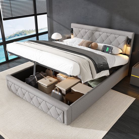 Gestoffeerd bed 160 x 200 cm, tweepersoonsbed opbergruimte op hoofdeinde met USB-aansluiting, plat bed dubbel logeerbed in huidvriendelijk kardemom fluweel grijs