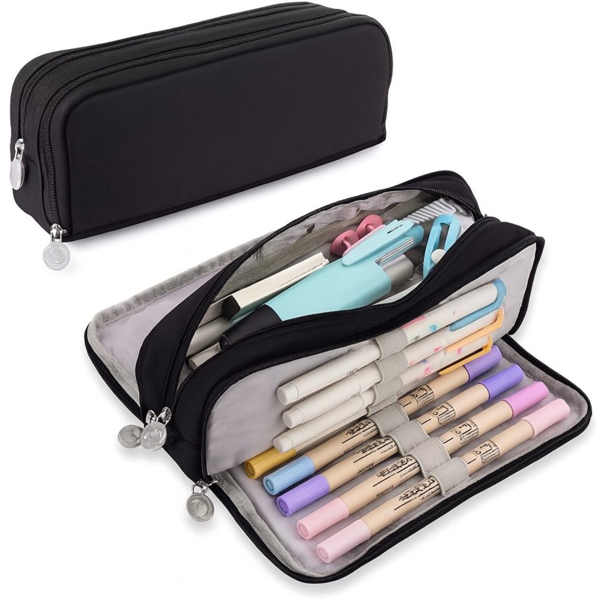 Etui Meisjes & Jongens - (Accessoires Niet inbegrepen) - Met 3 Vakken - Tekenetui - Pennenzak - Pennenetui - Schooletui - Make Up tas tasje organizer - Schoolspullen - Pennen Zak voor Schooltas - Pennenbak - Teken - Zwart