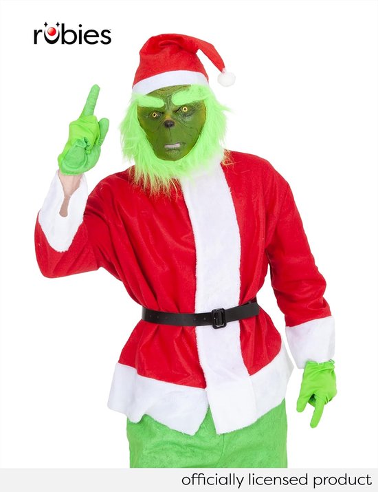 Costume Grinch pour adultes, veste avec pantalon et ceinture, manchettes de bottes, gants, chapeau et masque, monstre vert pour Noël, cosplay, Père Noël