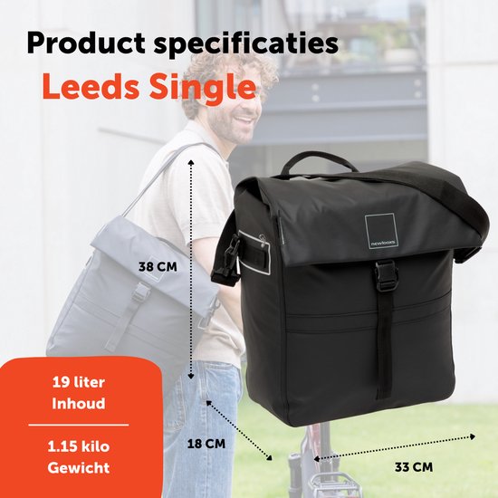New Looxs ® Leeds Single - Enkele Fietstas - Afneembare Fietstas Enkel - Gerecycled materiaal - Geschikt voor Elektrische Fietsen - 19 liter - Zwart van New Looxs — afbeelding 2