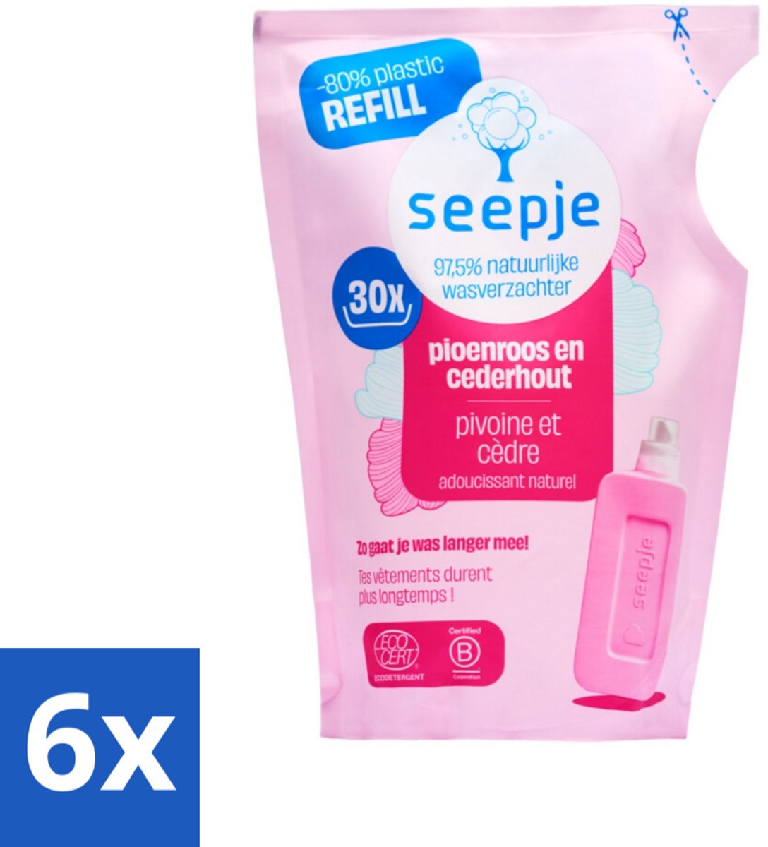 6 x Seepje - Wasverzachter - Duurzaam & Frisse Geur - Navulling - Pioenroos en Cederhout - 30 Wasbeurten - 750 ml - Wasverzachter - Wasmiddel - Natuurlijke Wasverzachter - Biologische Wasverzachter - Duurzame Wasverzachter