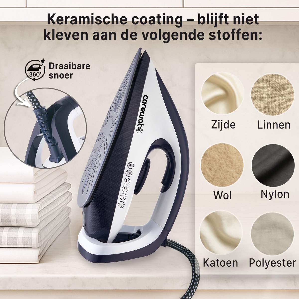 Carewat Stoomstrijkijzer met Stoomgenerator - Wit - 2200W - 1.5L Uitneembare Watertank - 100 g/min Stoomproductie - Keramische Zoolplaat - 3.0 Bar Stoomdruk - Anti-Oververhitting - Geschikt voor alle stoffen — afbeelding 4