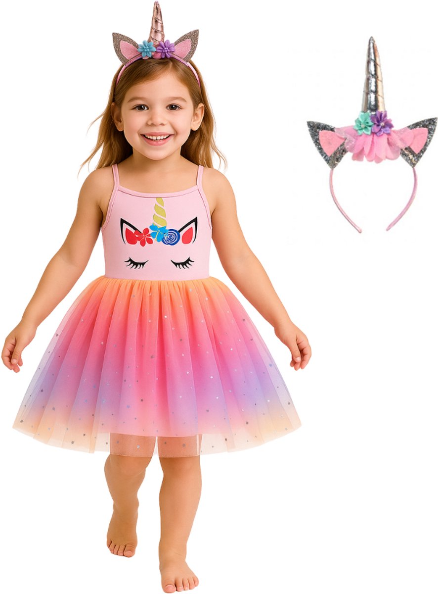 Joya Kids® Roze Eenhoorn Zomer Verkleed Jurk | Unicorn Jurk kostuum | Prinsessen jurk verkleedjurk + Haarband | Jurk spaghettibandjes | Maat 110 | cadeau meisje