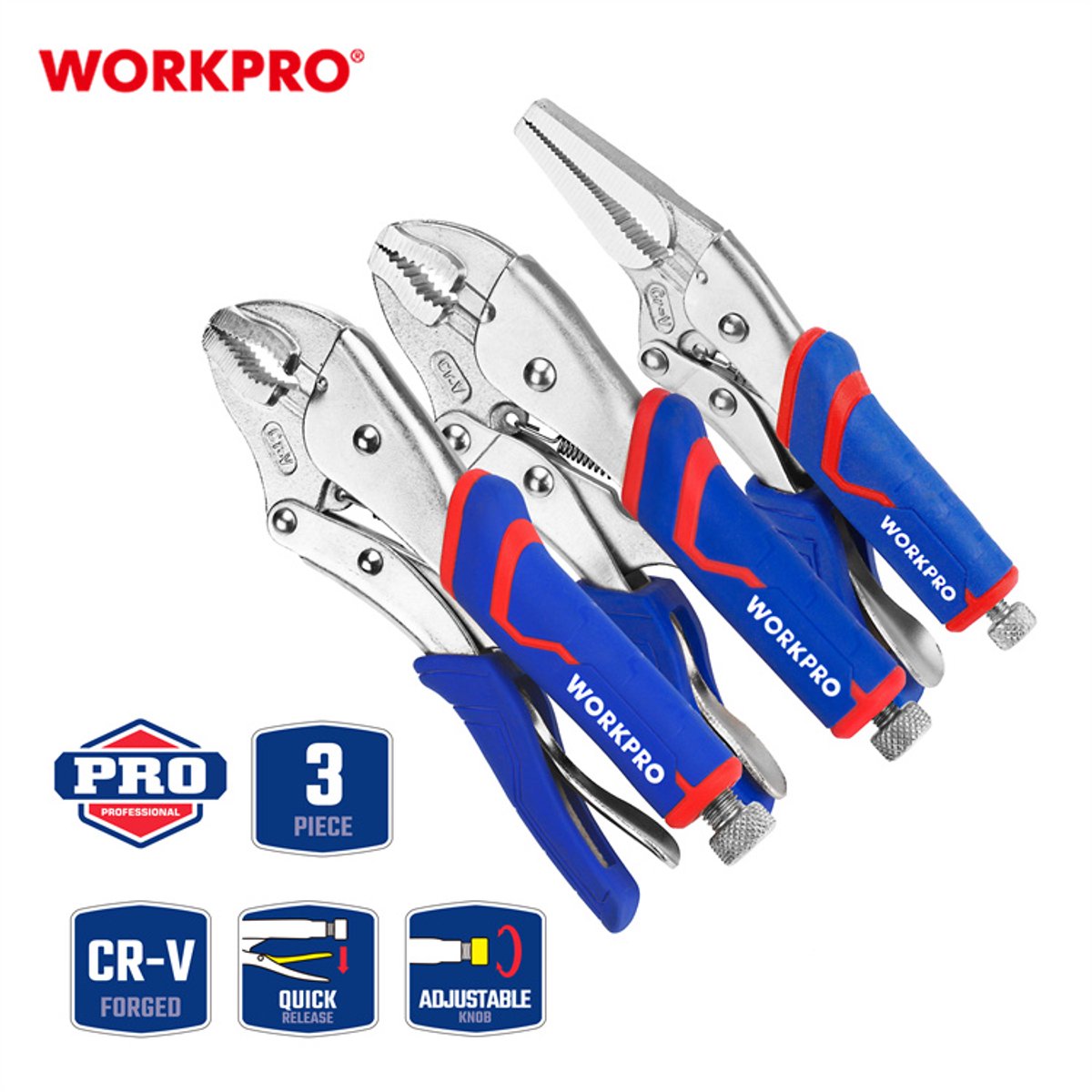 WORKPRO WP201003 – Griptangenset – 3-delig – CR-V Staal – Rechte & Gebogen Bek – Voor Loodgieterswerk & Metaalbewerking