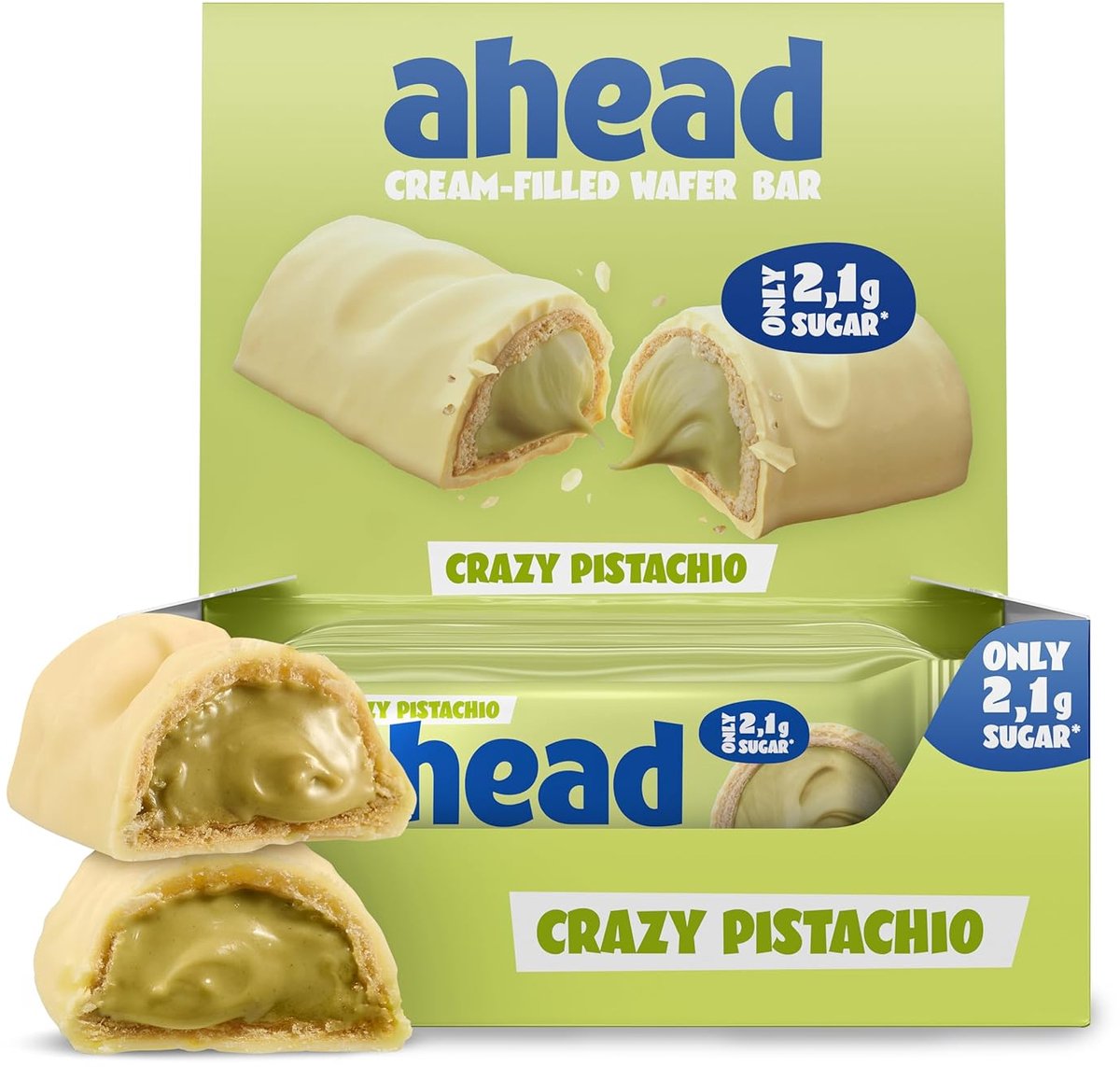 ahead Crèmewafelrepen – Wafelreep met Roomvulling – Doos 12×30 g – Zonder Toegevoegde Suikers – Glutenvrij – Eiwitbron – Max. 2,4 g Suiker per Reep