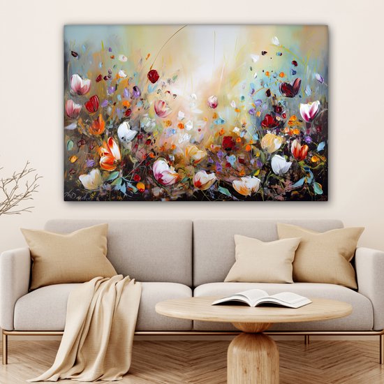 Canvas schilderij 120x80 cm - Wanddecoratie Olieverf - Bloemen - Kleurrijk - Natuur - Muurdecoratie woonkamer - Slaapkamer decoratie - Kamer accessoires - Schilderijen op canvas