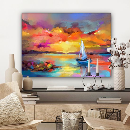 Toile - Huile - Peinture - Bateau - Nuages ​​- Couleurs - 80x60 cm - Intérieur - Peintures sur toile