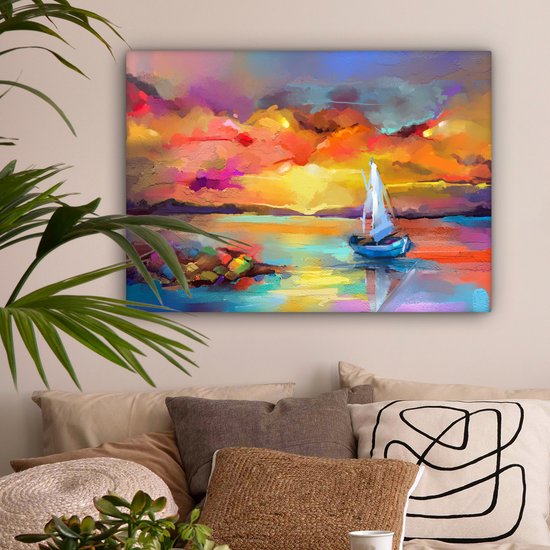 Toile - Huile - Peinture - Bateau - Nuages ​​- Couleurs - 80x60 cm - Intérieur - Peintures sur toile