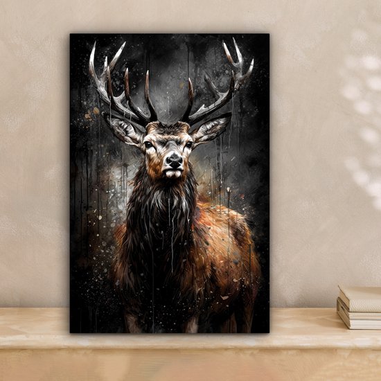 Tableau toile 20x30 cm - Cerf noir - Accessoires décoration chambre - Peintures salon tête de cerf - Décoration murale tête d'animal chambre - Décoration murale cuisine - Toile murale intérieur - Décoration maison