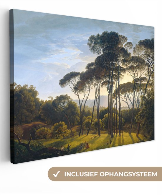 Schilderijen op canvas - Italiaans landschap met parasoldennen 40x30 - Kamer decoratie accessoires - Hendrik Voogd schilderij woonkamer - Wanddecoratie slaapkamer - Muurdecoratie keuken - Wanddoek oude meesters - Woondecoratie huis