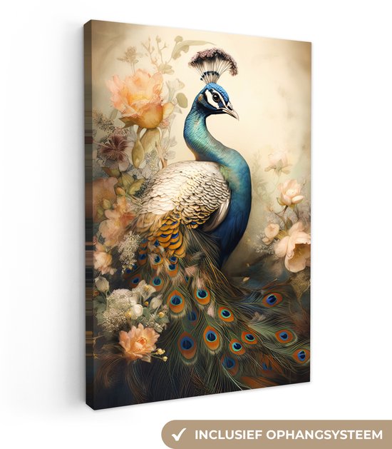 Canvas schilderij 80x120 cm - Wanddecoratie Pauw - Pauwenveren - Bloemen - Vogels - Botanisch - Muurdecoratie woonkamer - Slaapkamer decoratie - Kamer accessoires - Schilderijen op canvas