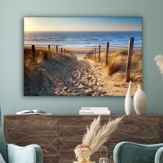 Toile - Dune - Plage - Mer - Coucher de soleil - Herbe - Toile - 140x90 cm - Peintures sur toile - Peinture sur toile