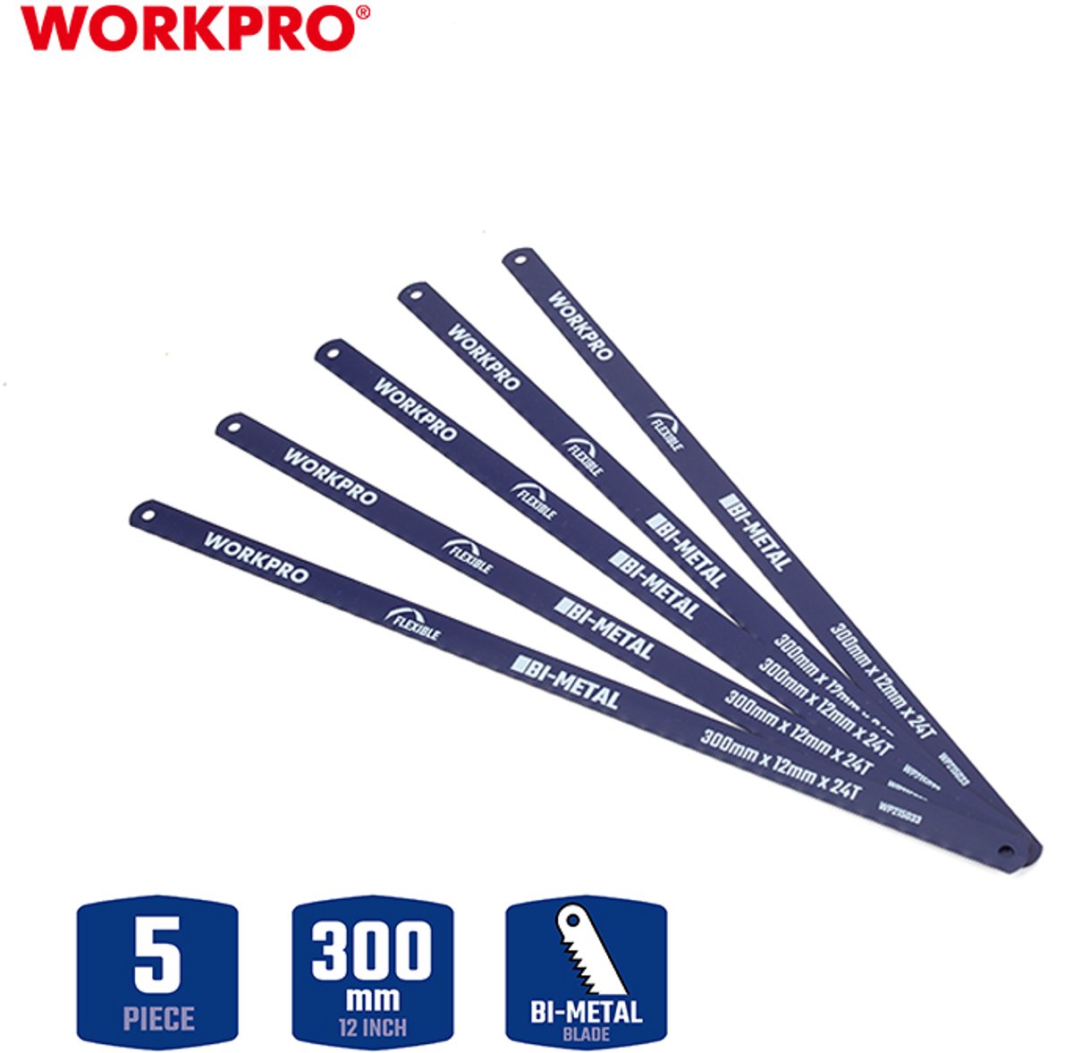 WORKPRO WP215033 Zaagbladenset Bi-Metaal – 5 stuks – 300 mm – 24 TPI – Professioneel