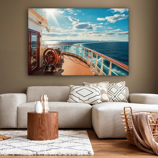 Tableau sur toile Bateau - Water - Mer - Navigation - Montagnes - Soleil - Maritime - 180x120 cm - Décoration murale XXL