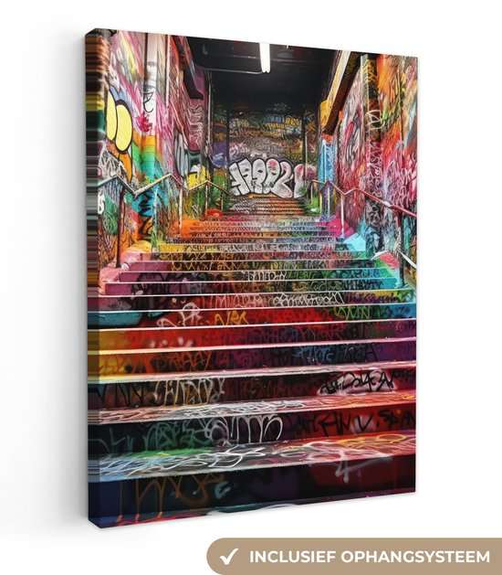 Canvas schilderij 30x40 cm - Wanddecoratie Trap - Graffiti - Kleuren - Kunst - Muurdecoratie woonkamer - Slaapkamer decoratie - Kamer accessoires - Schilderijen op canvas