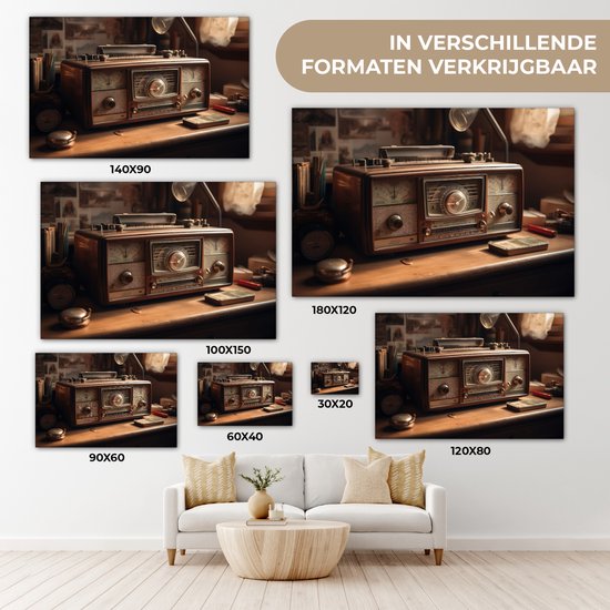 Tableau toile 60x40 cm - Décoration murale Vintage - Radio - Ancien - Bureau - Lampe - Décoration murale murale salon - Décoration chambre - Accessoires de chambre - Peintures