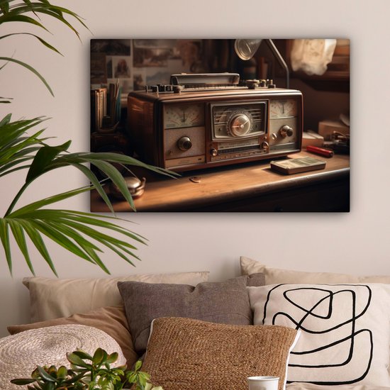 Tableau toile 60x40 cm - Décoration murale Vintage - Radio - Ancien - Bureau - Lampe - Décoration murale murale salon - Décoration chambre - Accessoires de chambre - Peintures