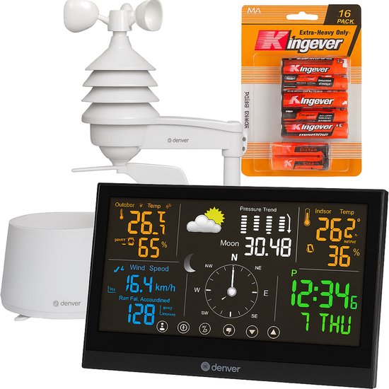 Denver Draadloos Weerstation – Professioneel – Inclusief 16 AAA + 16 AA Batterijen – Binnen en Buiten – 8 in 1 – Draadloze Buitensensor – Weersvoorspelling – Wind & Regen – Digitaal – Radiogestuurd
