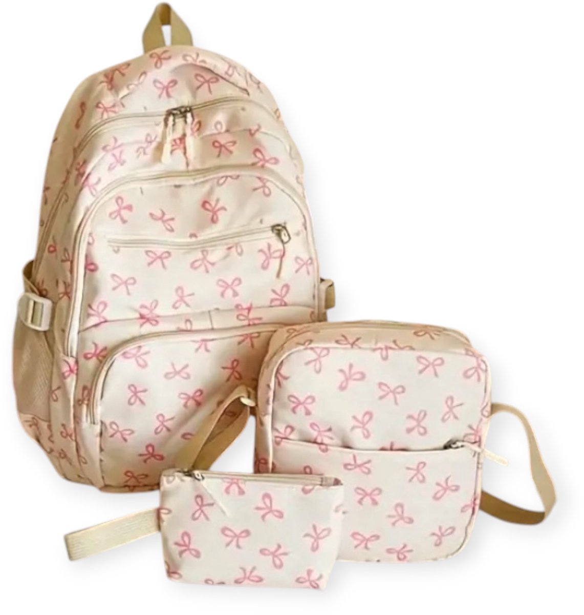 Twenty Two 3-delige schooltassen set | schoolrugzak, etui, lunchtas voor meisjes/tieners/kinderen | wit/lichtroze strikjes | waterdicht | grote capaciteit | 7 vakken | meiden tassen set | 3 stuks | brugklas-school | schooltassen set 43x16x30cm